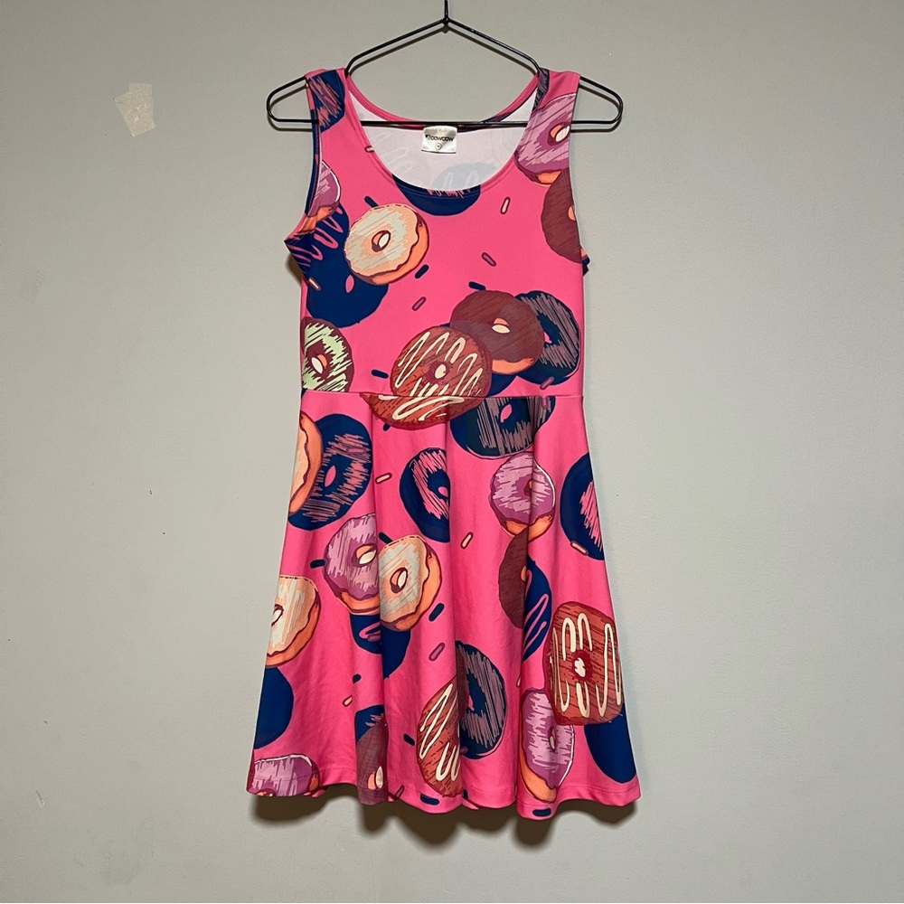 CowCow Women’s Size Medium Pink Donut Print Fit & Flare Dress Sleeveless